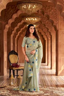 Green georgette embroidered thread work heavy look ethnic saree with blouse 3