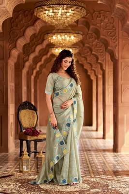 Green georgette embroidered thread work heavy look ethnic saree with blouse 4