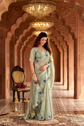 Green georgette embroidered thread work heavy look ethnic saree with blouse