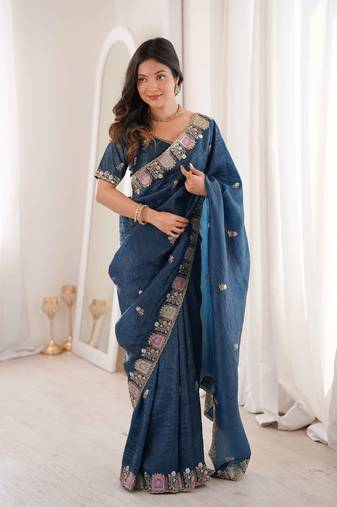 Blue georgette embroidered thread work heavy look ethnic saree with blouse