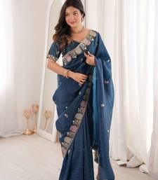 Blue georgette embroidered thread work heavy look ethnic saree with blouse