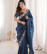 Blue georgette embroidered thread work heavy look ethnic saree with blouse