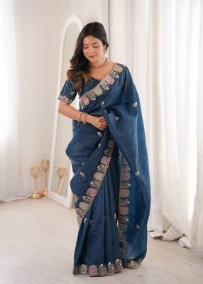 Blue georgette embroidered thread work heavy look ethnic saree with blouse 2
