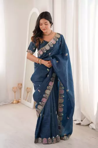 Blue georgette embroidered thread work heavy look ethnic saree with blouse