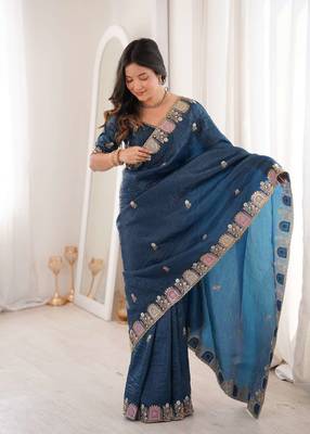Blue georgette embroidered thread work heavy look ethnic saree with blouse 3