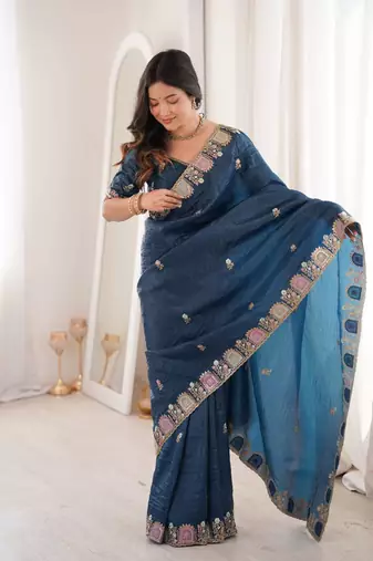 Blue georgette embroidered thread work heavy look ethnic saree with blouse
