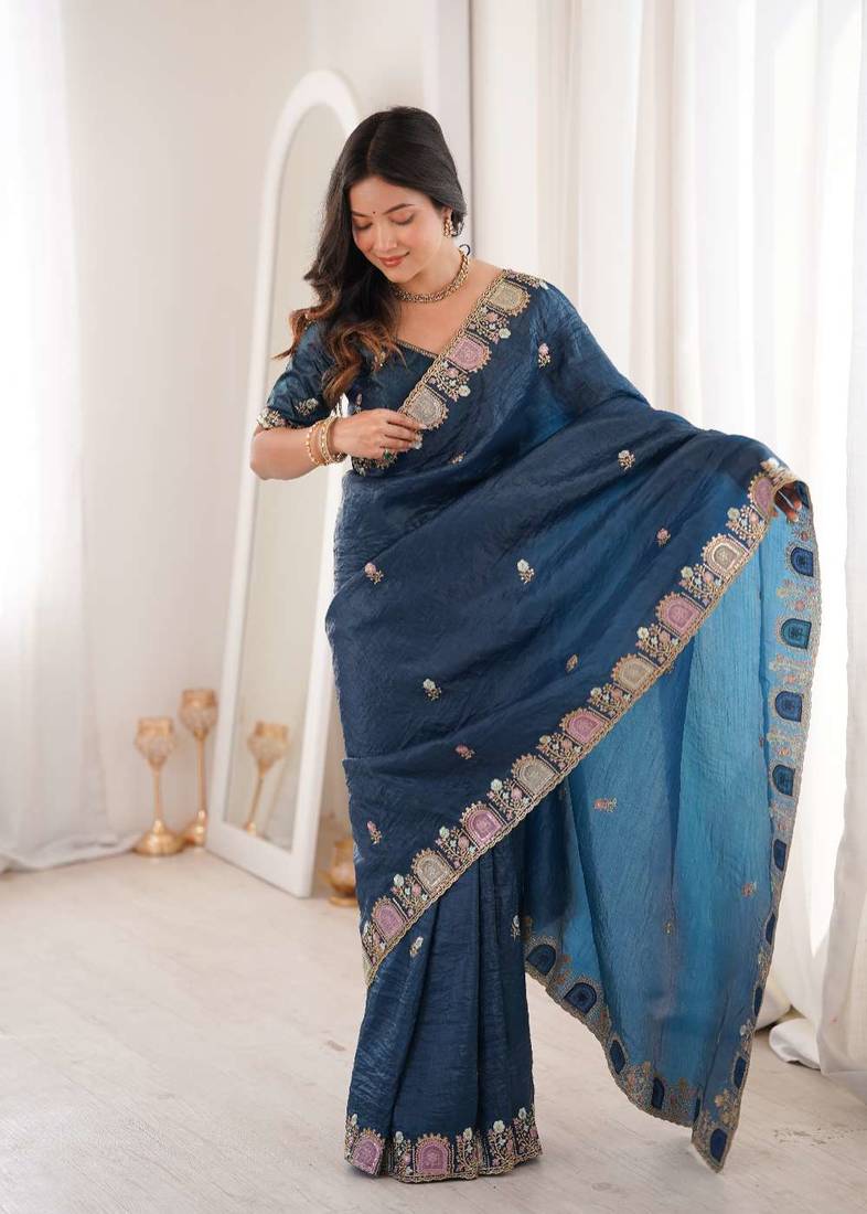 Blue georgette embroidered thread work heavy look ethnic saree with blouse