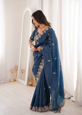 Blue georgette embroidered thread work heavy look ethnic saree with blouse 4
