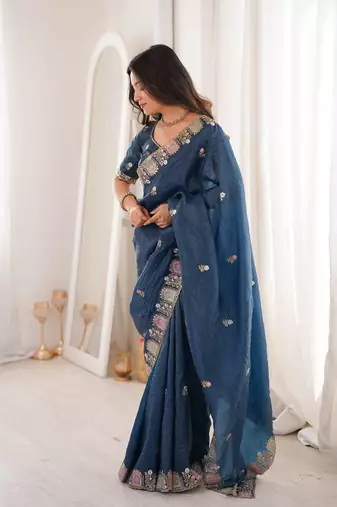 Blue georgette embroidered thread work heavy look ethnic saree with blouse