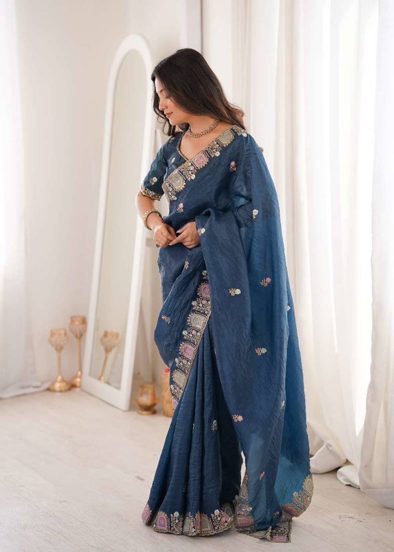 Blue georgette embroidered thread work heavy look ethnic saree with blouse