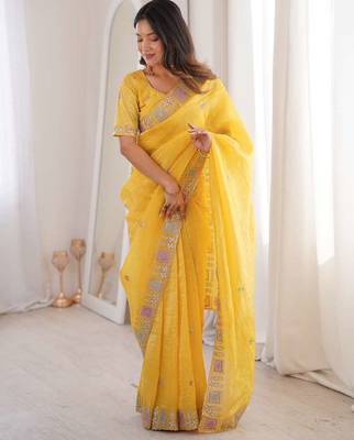 Yellow georgette embroidered thread work heavy look ethnic saree with blouse 1