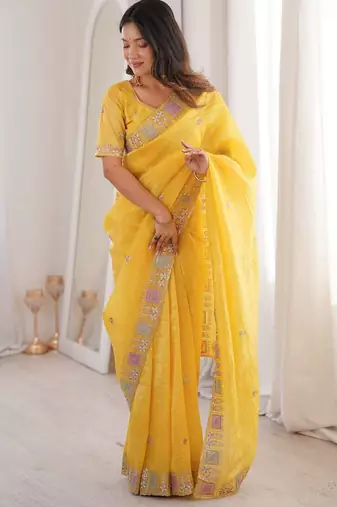 Yellow georgette embroidered thread work heavy look ethnic saree with blouse