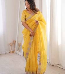 Yellow georgette embroidered thread work heavy look ethnic saree with blouse
