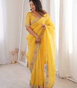 Yellow georgette embroidered thread work heavy look ethnic saree with blouse