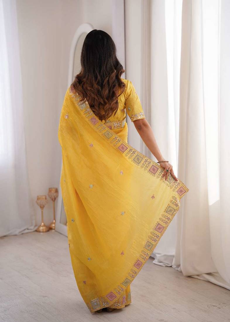 Yellow georgette embroidered thread work heavy look ethnic saree with blouse