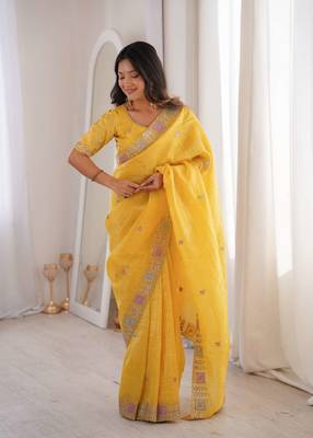 Yellow georgette embroidered thread work heavy look ethnic saree with blouse 3