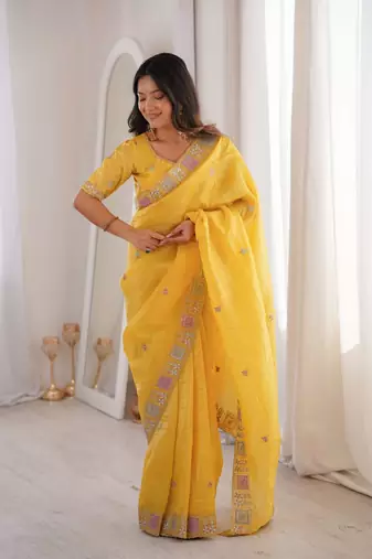 Yellow georgette embroidered thread work heavy look ethnic saree with blouse