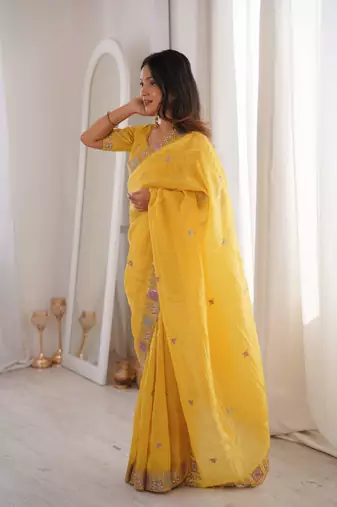 Yellow georgette embroidered thread work heavy look ethnic saree with blouse
