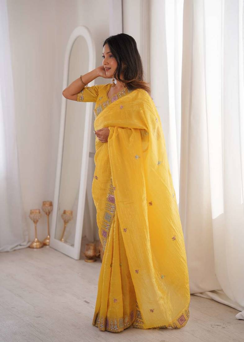 Yellow georgette embroidered thread work heavy look ethnic saree with blouse