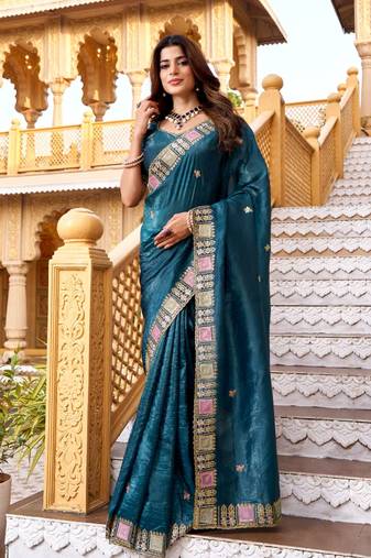 Teal georgette embroidered thread work heavy look ethnic saree with blouse