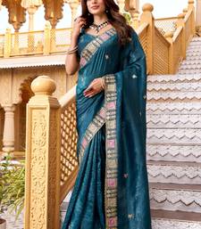 Teal georgette embroidered thread work heavy look ethnic saree with blouse
