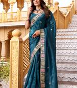 Teal georgette embroidered thread work heavy look ethnic saree with blouse