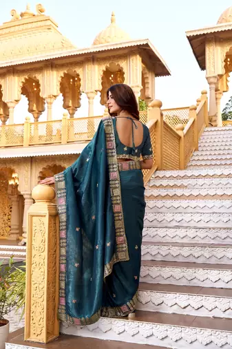 Teal georgette embroidered thread work heavy look ethnic saree with blouse