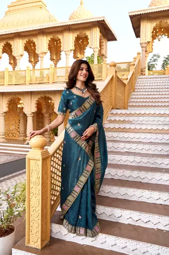Teal georgette embroidered thread work heavy look ethnic saree with blouse