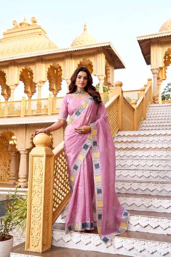 Pink georgette embroidered thread work heavy look ethnic saree with blouse