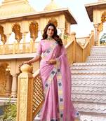 Pink georgette embroidered thread work heavy look ethnic saree with blouse