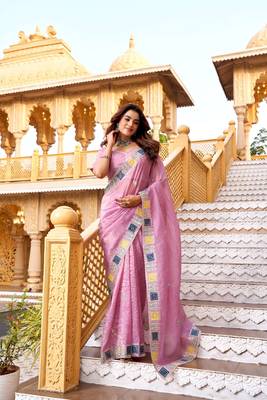 Pink georgette embroidered thread work heavy look ethnic saree with blouse 3