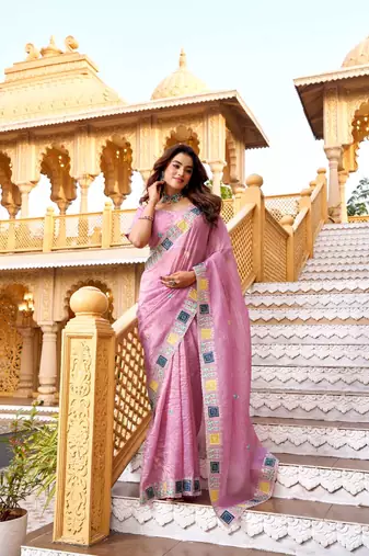 Pink georgette embroidered thread work heavy look ethnic saree with blouse