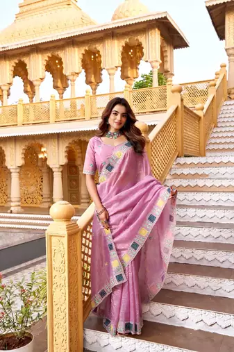 Pink georgette embroidered thread work heavy look ethnic saree with blouse