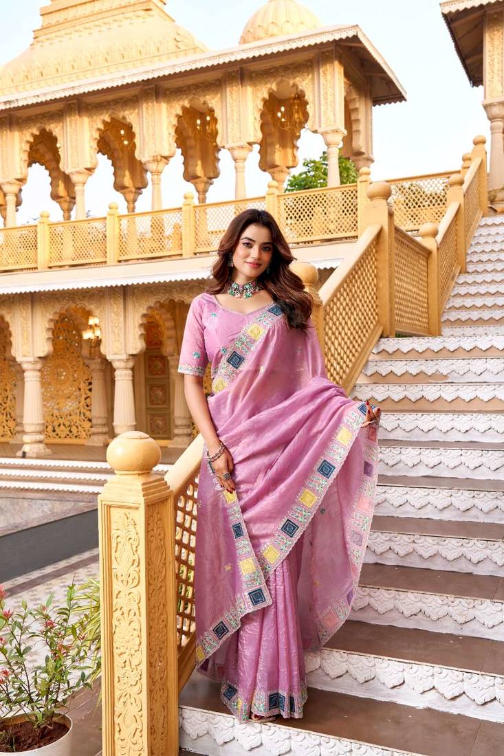 Pink georgette embroidered thread work heavy look ethnic saree with blouse