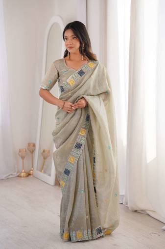 Beige georgette embroidered thread work heavy look ethnic saree with blouse
