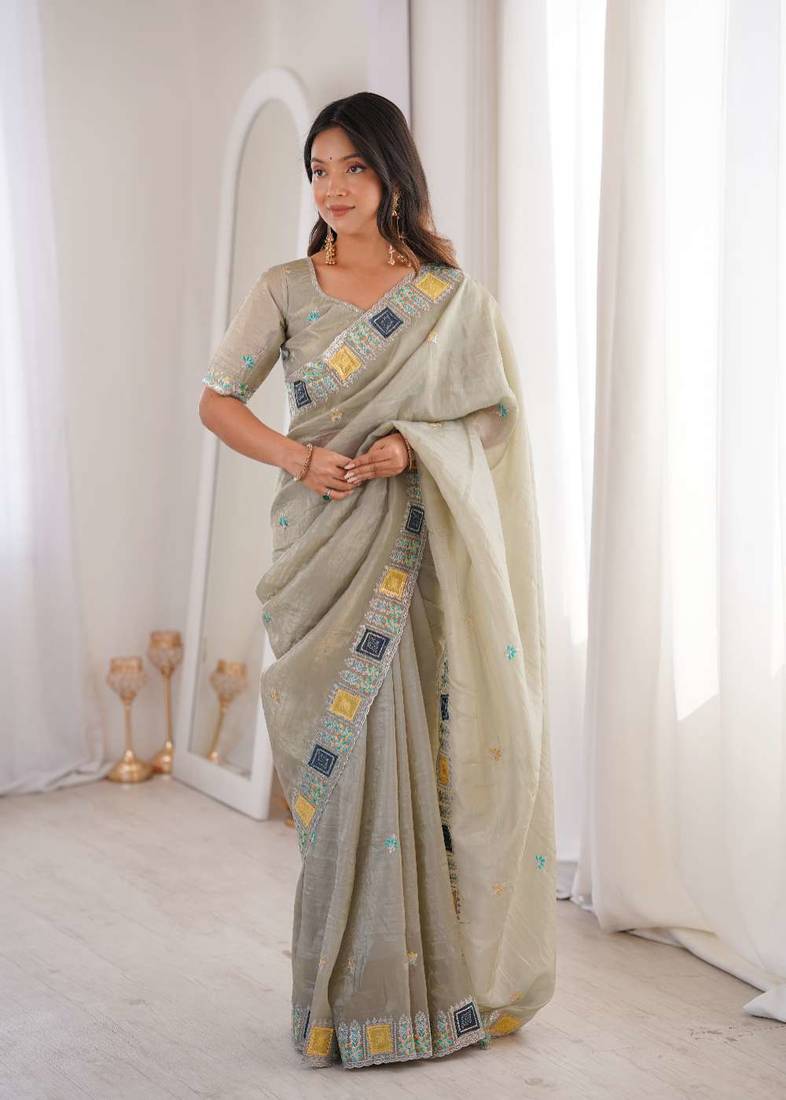 Beige georgette embroidered thread work heavy look ethnic saree with blouse