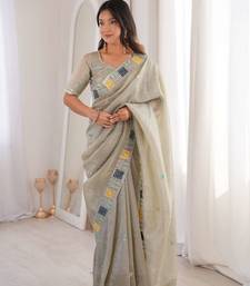 Beige georgette embroidered thread work heavy look ethnic saree with blouse