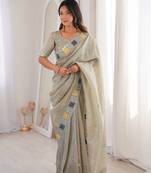 Beige georgette embroidered thread work heavy look ethnic saree with blouse