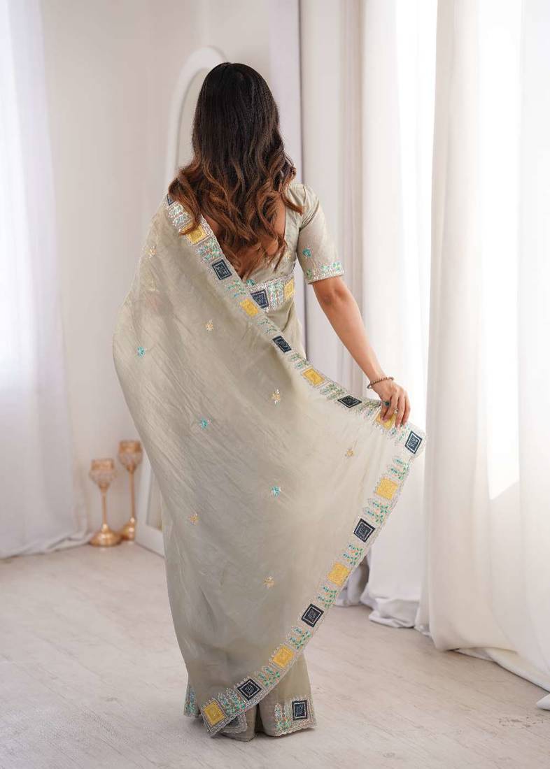 Beige georgette embroidered thread work heavy look ethnic saree with blouse