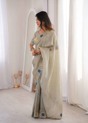 Beige georgette embroidered thread work heavy look ethnic saree with blouse 3