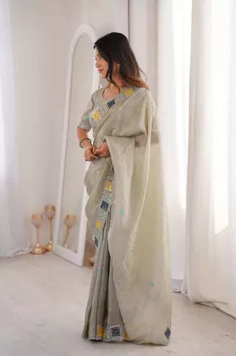 Beige georgette embroidered thread work heavy look ethnic saree with blouse