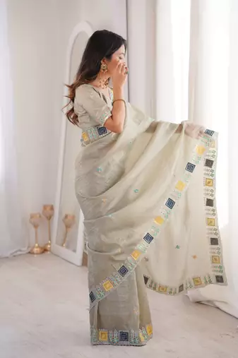 Beige georgette embroidered thread work heavy look ethnic saree with blouse