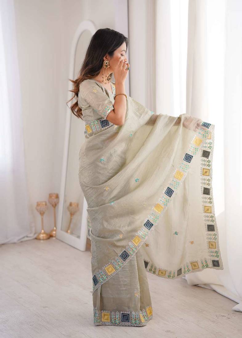 Beige georgette embroidered thread work heavy look ethnic saree with blouse