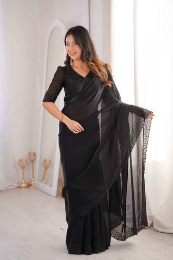 Black satin embroidered hand embroidery heavy look ethnic saree with blouse