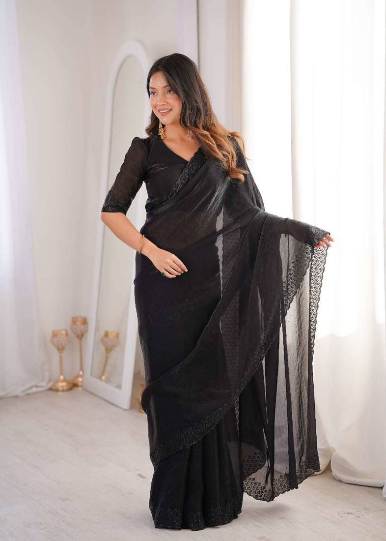 Black satin embroidered hand embroidery heavy look ethnic saree with blouse