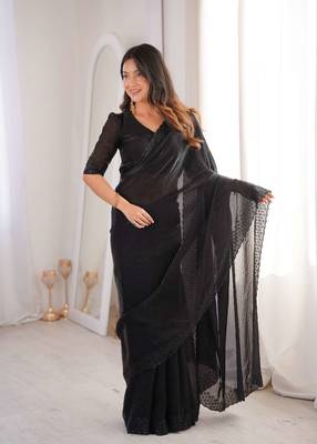 Black satin embroidered hand embroidery heavy look ethnic saree with blouse 1