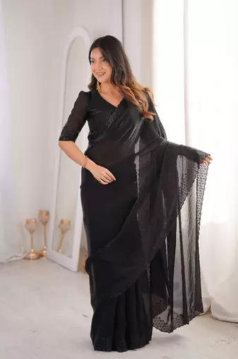 Black satin embroidered hand embroidery heavy look ethnic saree with blouse