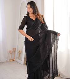 Black satin embroidered hand embroidery heavy look ethnic saree with blouse