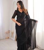 Black satin embroidered hand embroidery heavy look ethnic saree with blouse