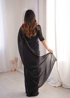 Black satin embroidered hand embroidery heavy look ethnic saree with blouse 2